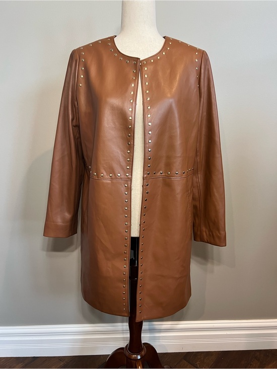 Chico's Jackets & Blazers - Chico's Cognac Faux Leather Stud-Trim Coat, Washable (NEW)